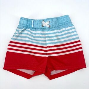 Rugged Butts Baby Blue, Red/Orange Striped Swim Trunks